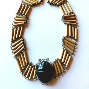 Vintage bamboo wood and stone choker necklace